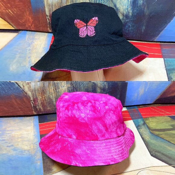 WOMEN'S REVERSIBLE BUCKET HAT EMBROIDERED BUTTERFLY x PINK TIE DYE Y2K 90's VIBE - Picture 1 of 4
